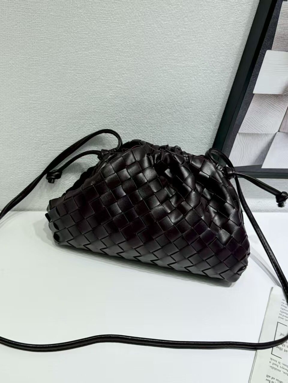Woven Leather Drawstring Shoulder Bag - Black